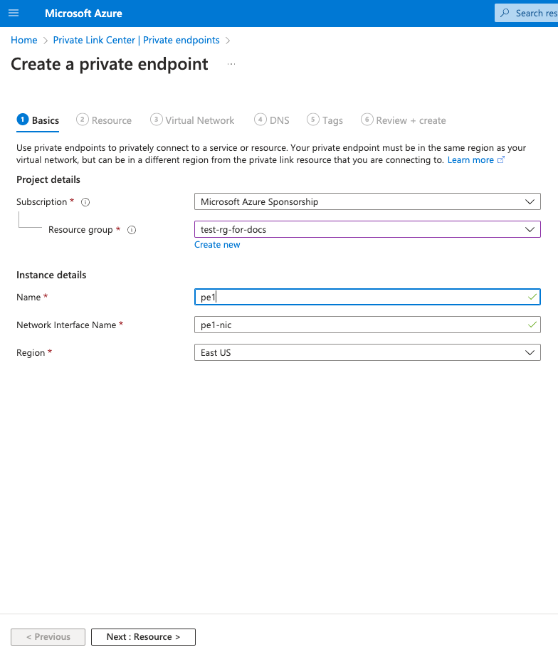 Create Private Endpoint Basic - Zoomed