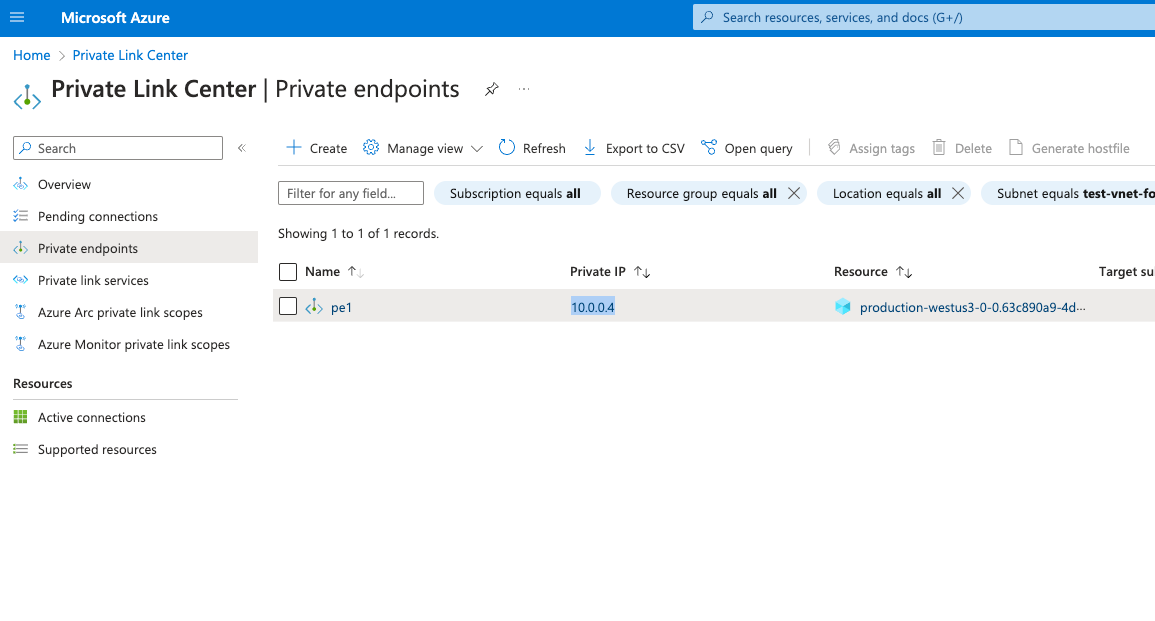 Private Endpoint IP Address - Zoomed