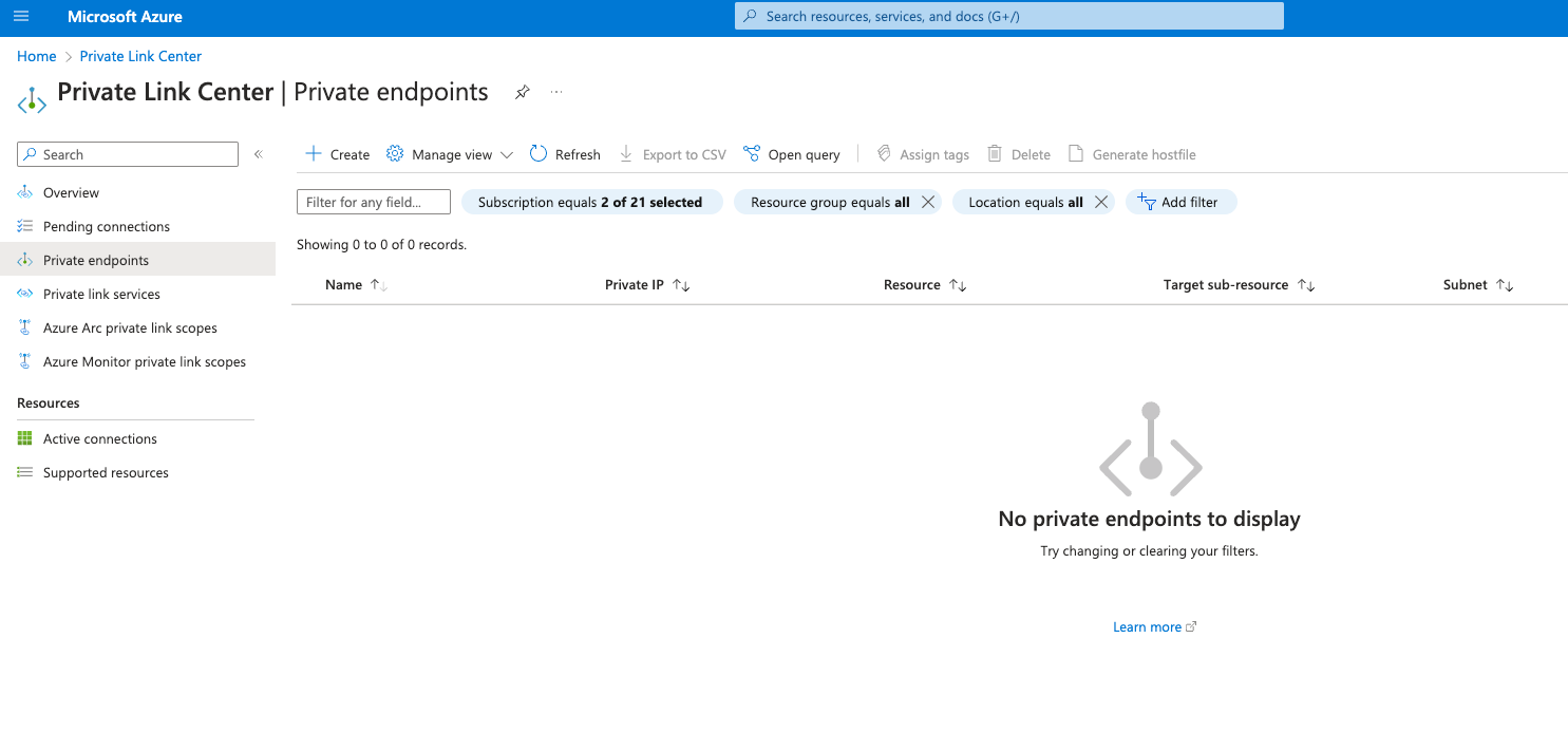 Open Azure Private Center - Zoomed